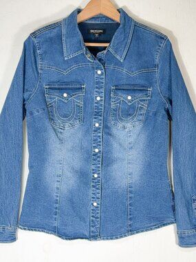 True Religion Western Denim Shirt Womens L Blue Cowboy Core Y2K Rugged Grunge